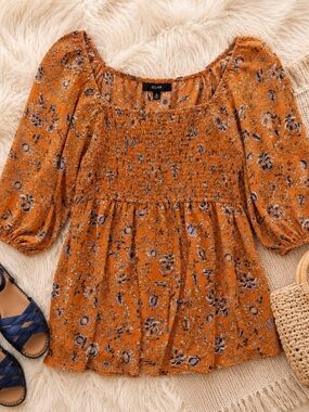 Eclair Orange Floral Smocked Boho Blouse L